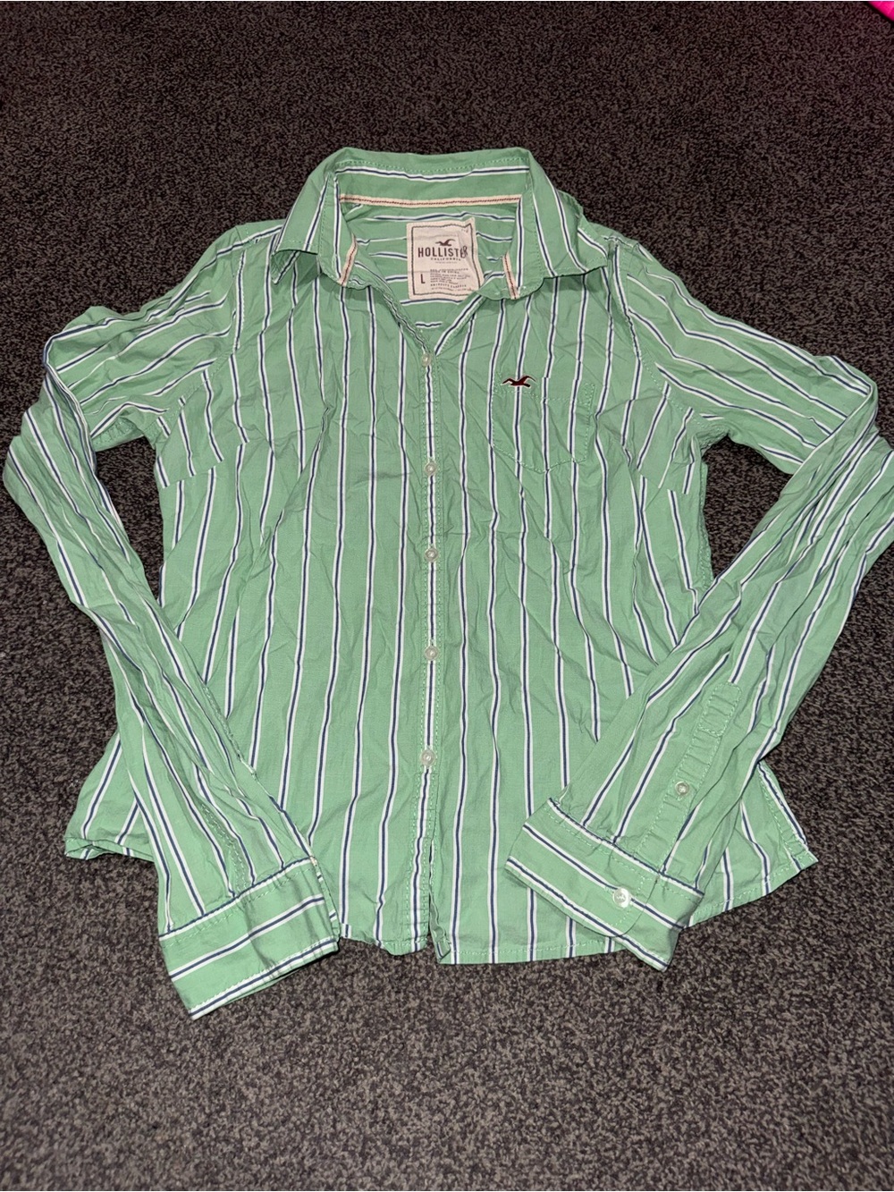 Y2K Hollister Striped Button Up Shirt Women’s Large Green Long Sleeve
